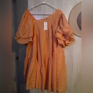 Orange checker Sumer dress ruffle sleeve NWT